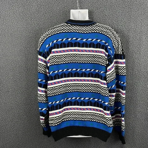VTG Knit Pullover Sweater XL Crew Neck Blue White Kitsch 1990s Lightning Bolt - Picture 6 of 8